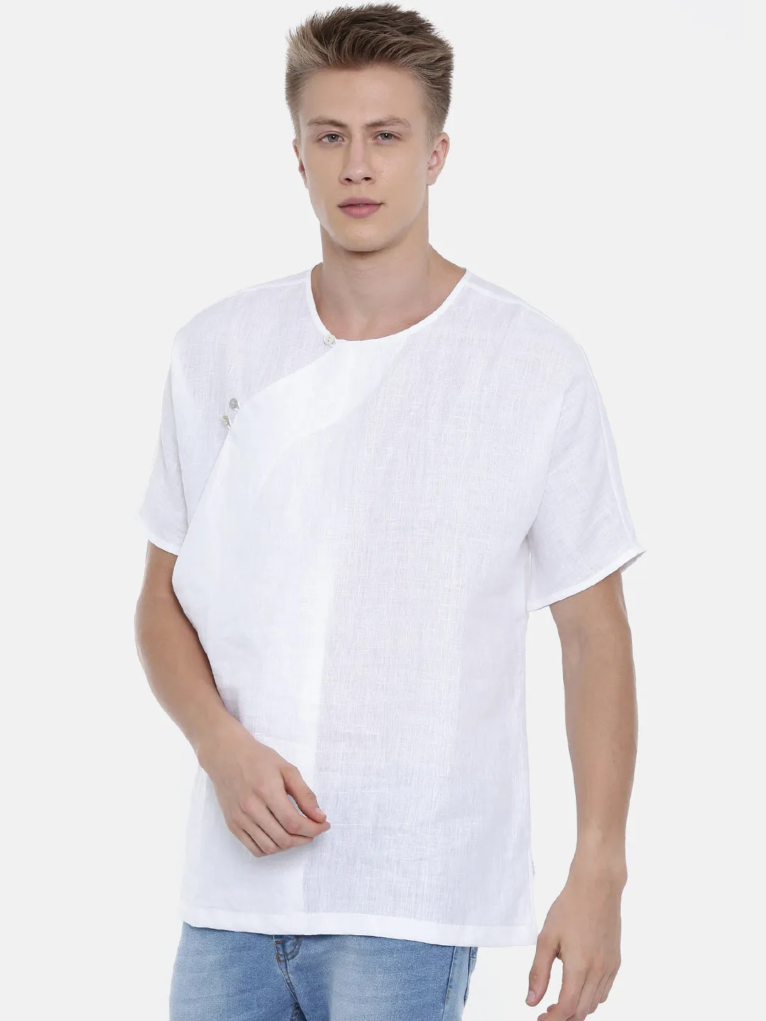 Linen White Short Kurta - MMSK006