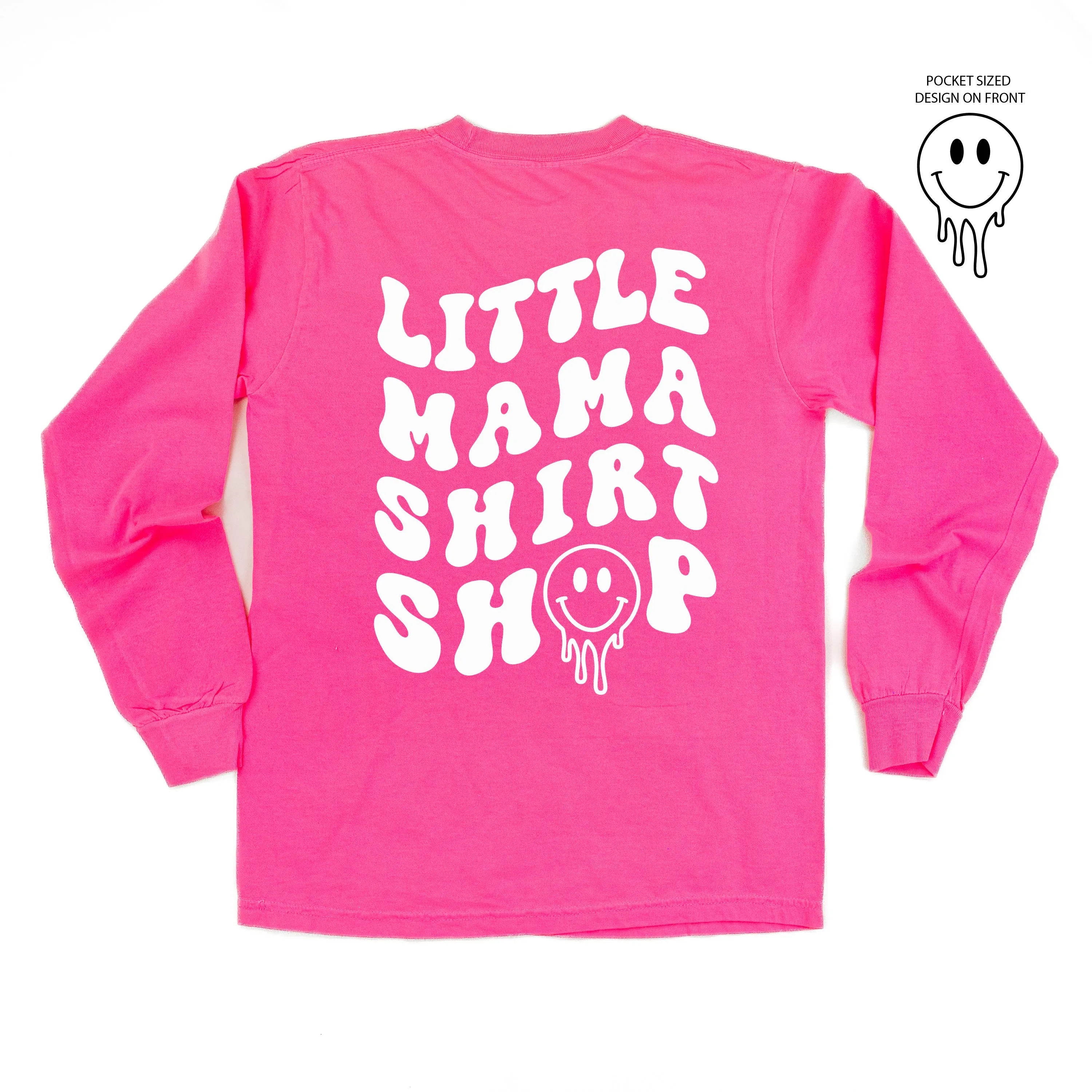 Little Mama Shirt Shop® MELTY Logo w/ Smiley Pocket - LONG SLEEVE COMFORT COLORS TEE