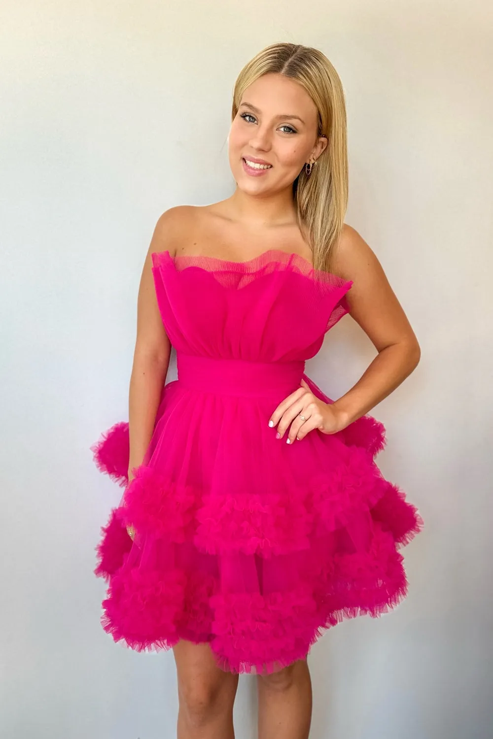 Meagan | Fuchsia Strapless Tiered Tulle Short Homecoming Dresses