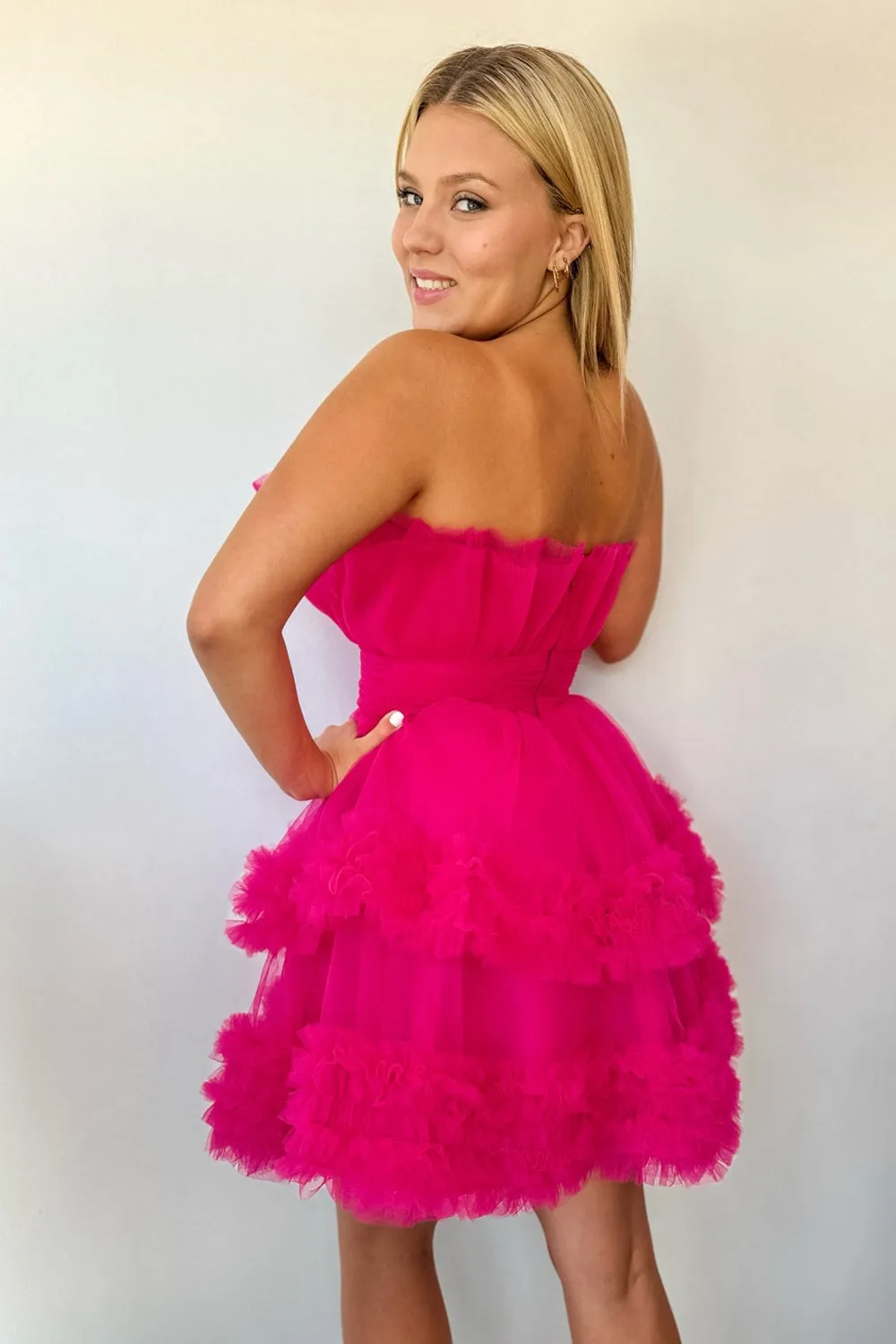 Meagan | Fuchsia Strapless Tiered Tulle Short Homecoming Dresses