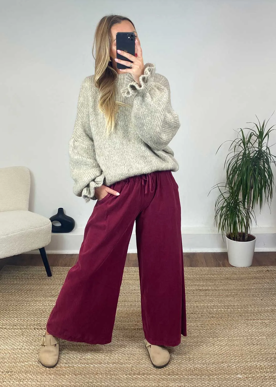 Misty Cord Wide Leg Pants in Burgundy