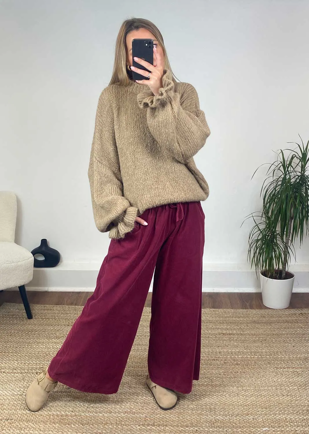 Misty Cord Wide Leg Pants in Burgundy