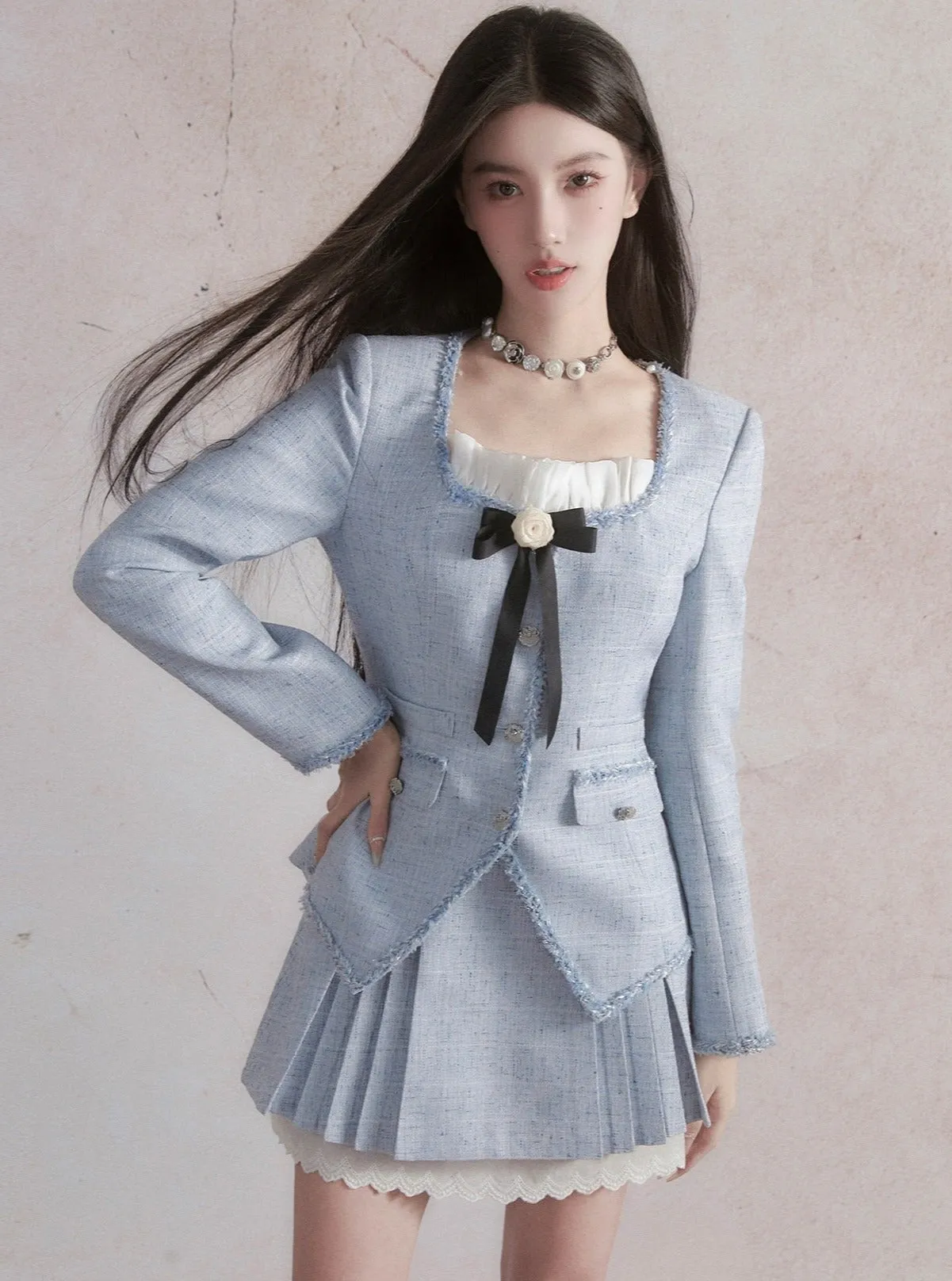 Pastel Blue Tweed Blazer and Pleated Skirt Set with Lace Trim