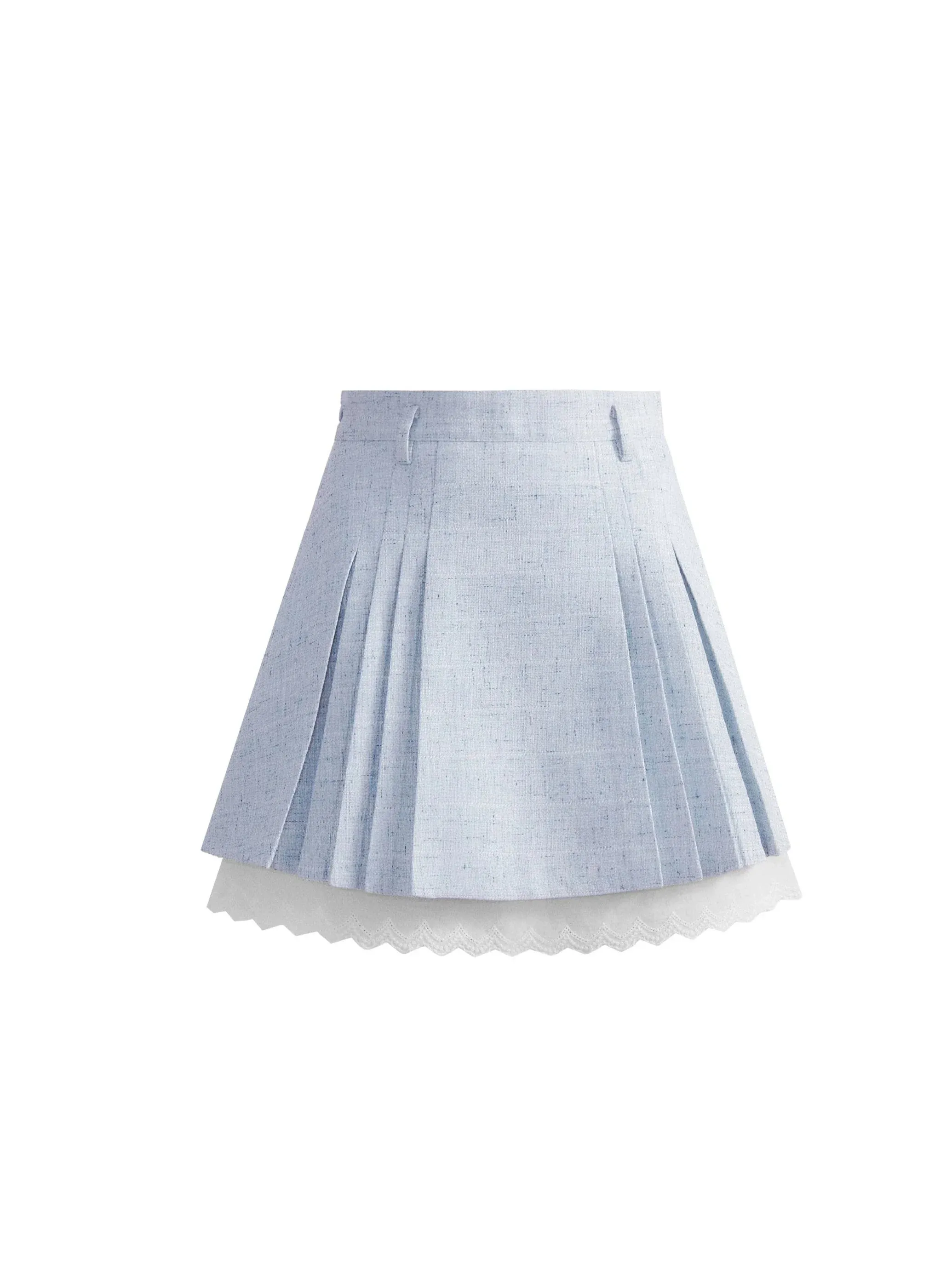 Pastel Blue Tweed Blazer and Pleated Skirt Set with Lace Trim