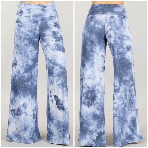 Plus Blue Multi Tie Dye Wide Leg Palazzo Relaxed Fit Foldover Waist Lounge Pants