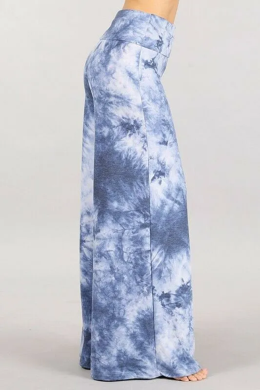 Plus Blue Multi Tie Dye Wide Leg Palazzo Relaxed Fit Foldover Waist Lounge Pants