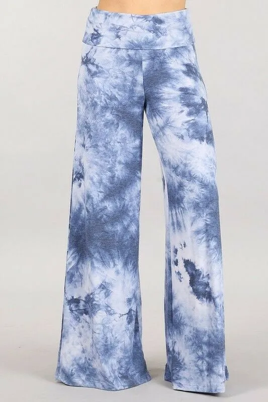 Plus Blue Multi Tie Dye Wide Leg Palazzo Relaxed Fit Foldover Waist Lounge Pants