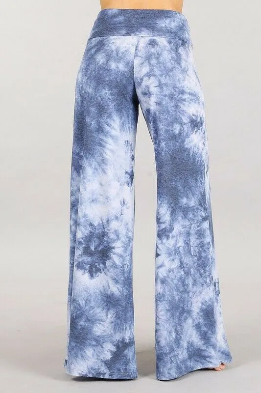 Plus Blue Multi Tie Dye Wide Leg Palazzo Relaxed Fit Foldover Waist Lounge Pants