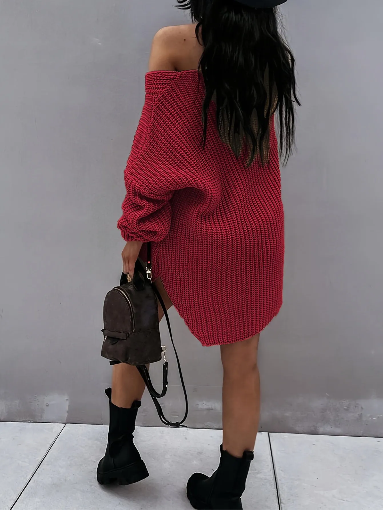 Plus Size Flattering Knitted Dress - Fashion-Forward One Shoulder Lantern Sleeve - Chic V Neck with Modern Split - Soft & Sultry Womens Plus Sweater Dress, Winter-to-Spring Staple