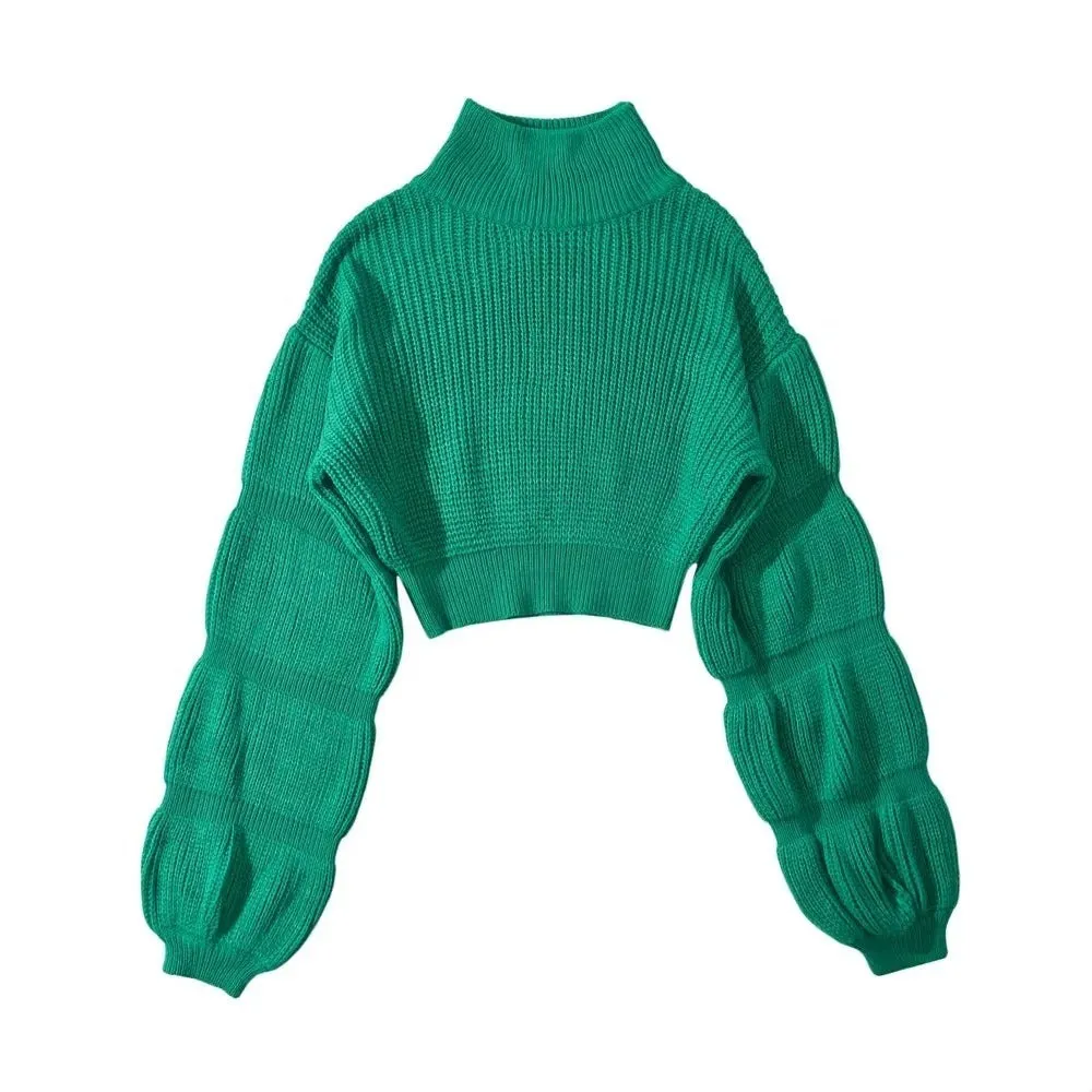 Pre Order:  Puff Sleeves Turtleneck Knitted Sweater