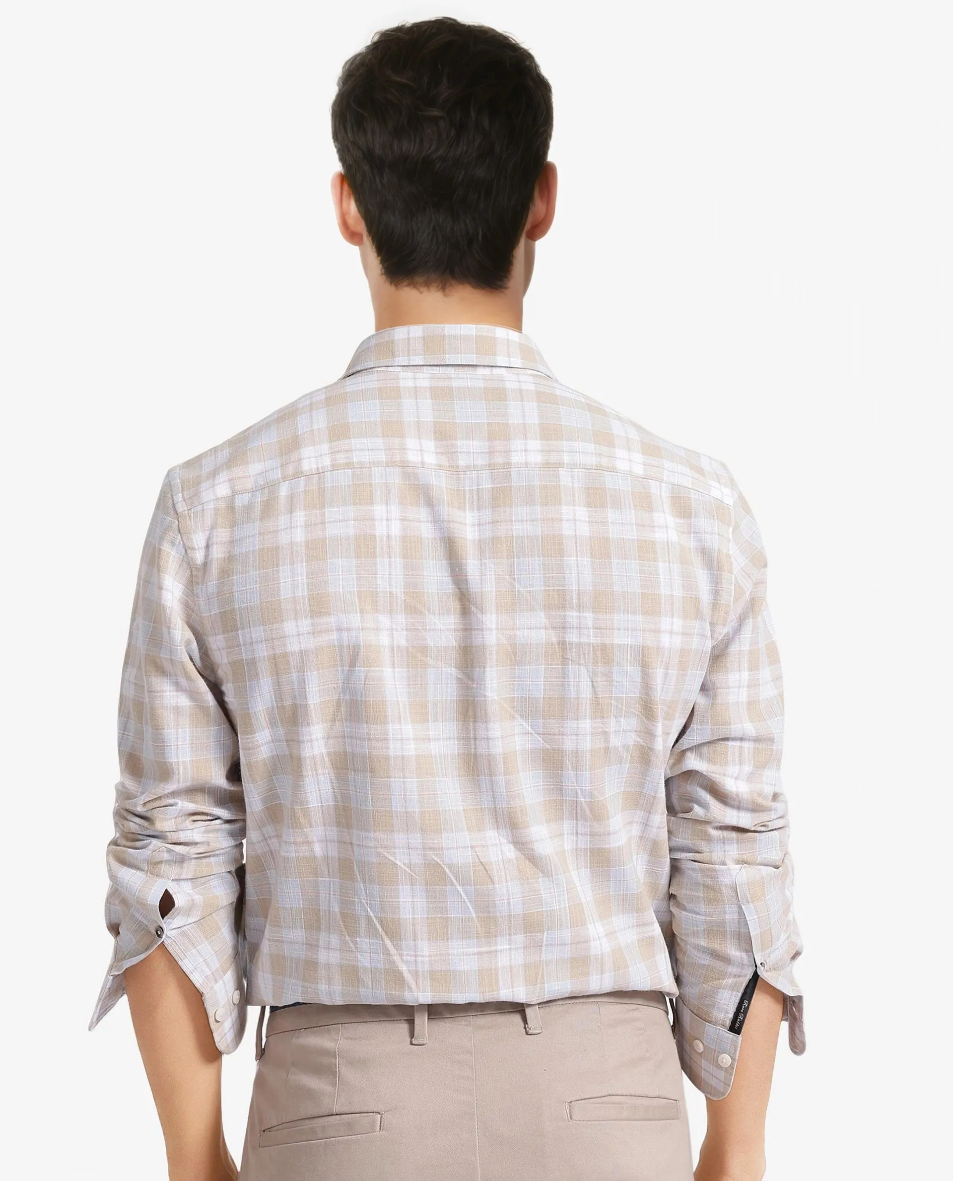 Rare Rabbit Men's Tratin Dusky Beige Cotton Fabric Full Sleeve Regular Fit Checks Shirt