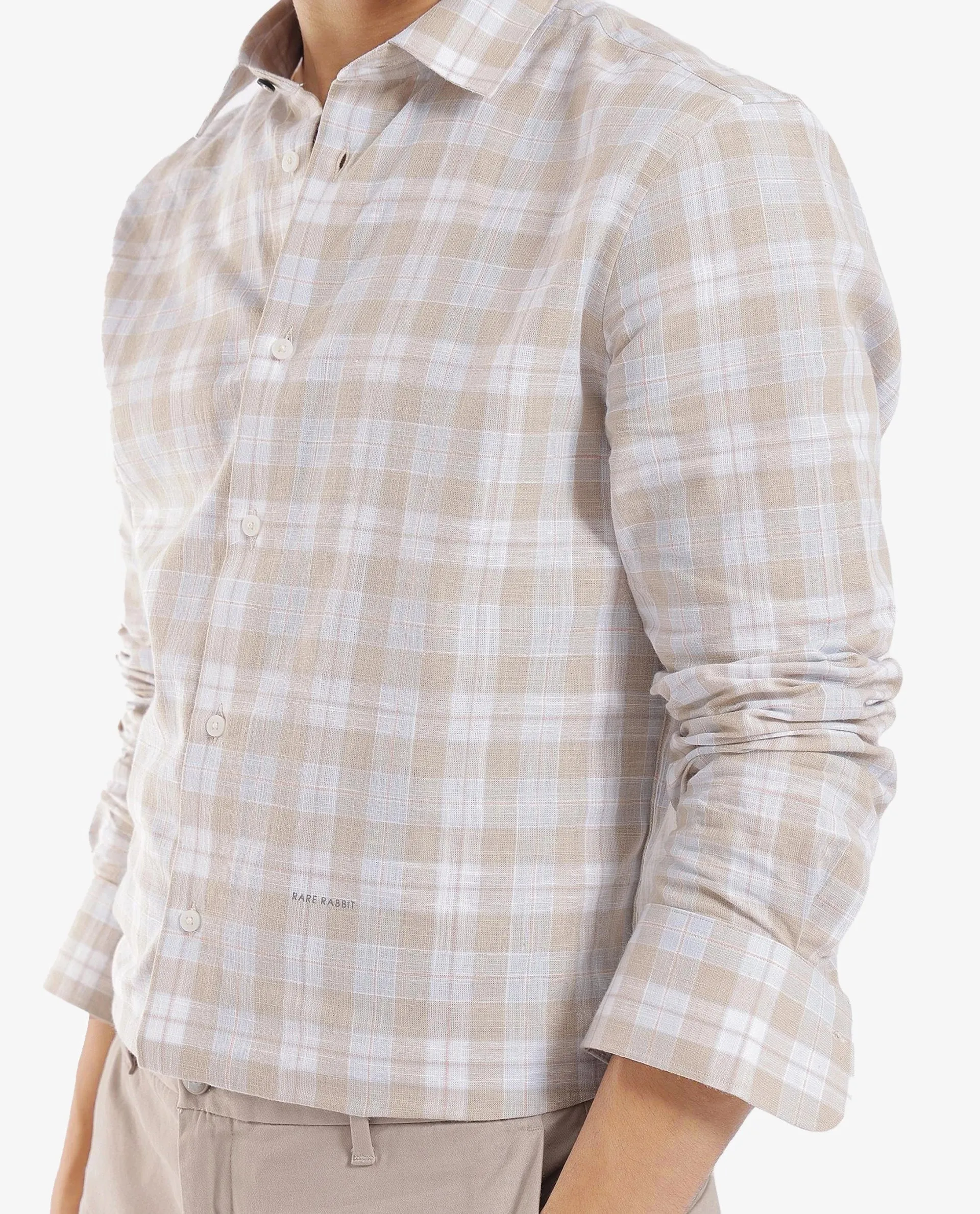 Rare Rabbit Men's Tratin Dusky Beige Cotton Fabric Full Sleeve Regular Fit Checks Shirt