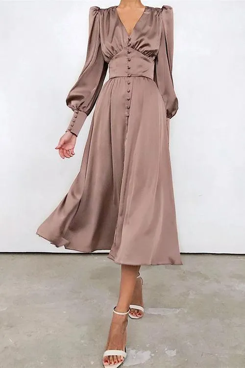 Satin Button Puff Long Sleeve Dress