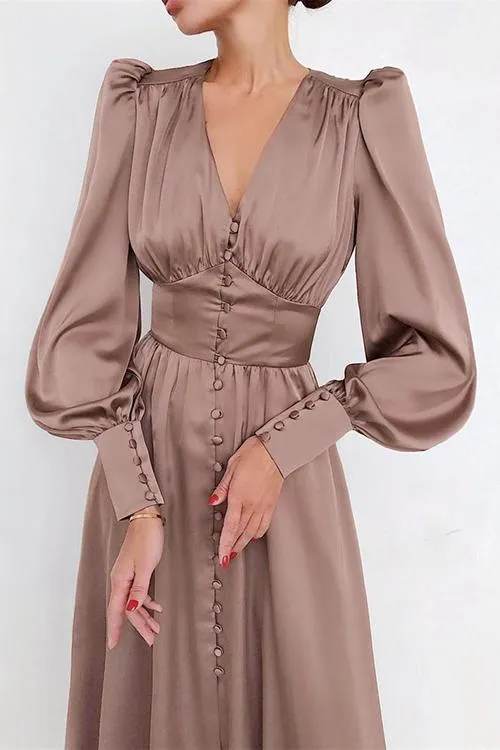 Satin Button Puff Long Sleeve Dress