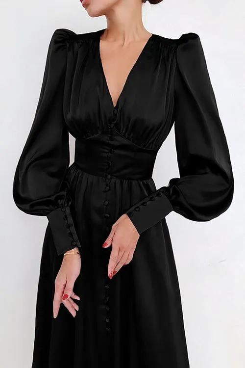 Satin Button Puff Long Sleeve Dress