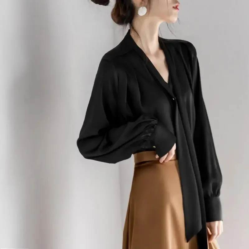 Satin Tie-neck Long Sleeve Shirt Simple All-match Tops