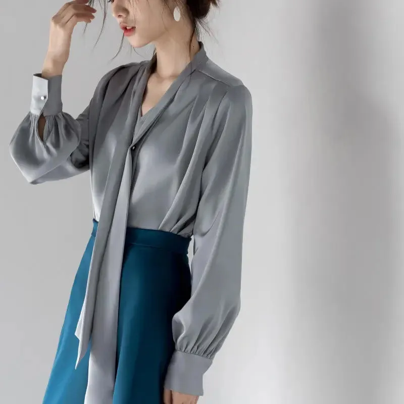 Satin Tie-neck Long Sleeve Shirt Simple All-match Tops