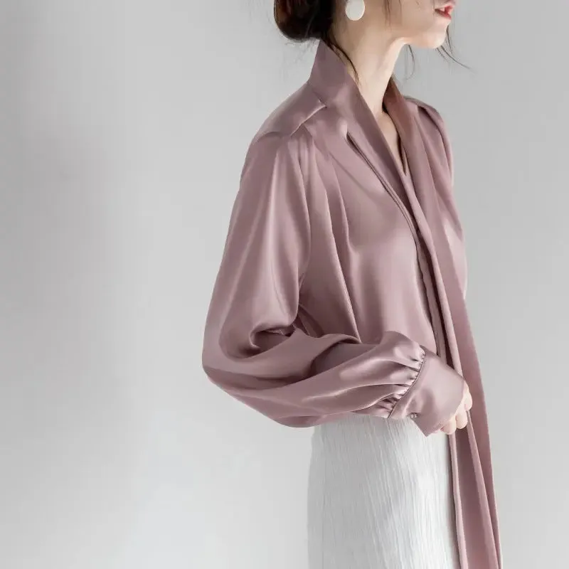 Satin Tie-neck Long Sleeve Shirt Simple All-match Tops