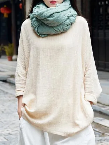 Simple Long Sleeves Ramie Cotton Tops