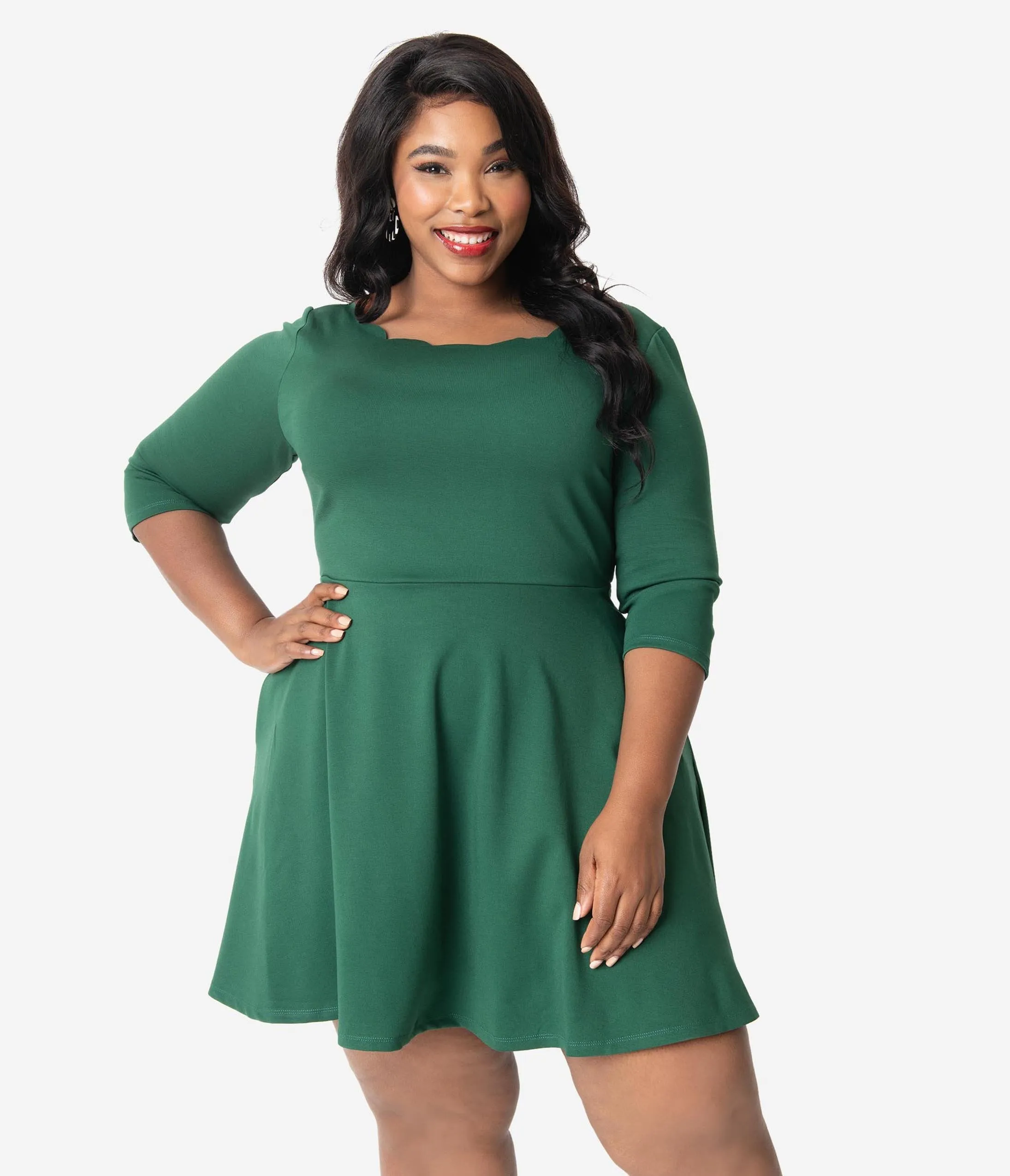 Smak Parlour Plus Size Emerald Green Scalloped Three-Quarter Sleeve Charmed Fit & Flare Dress