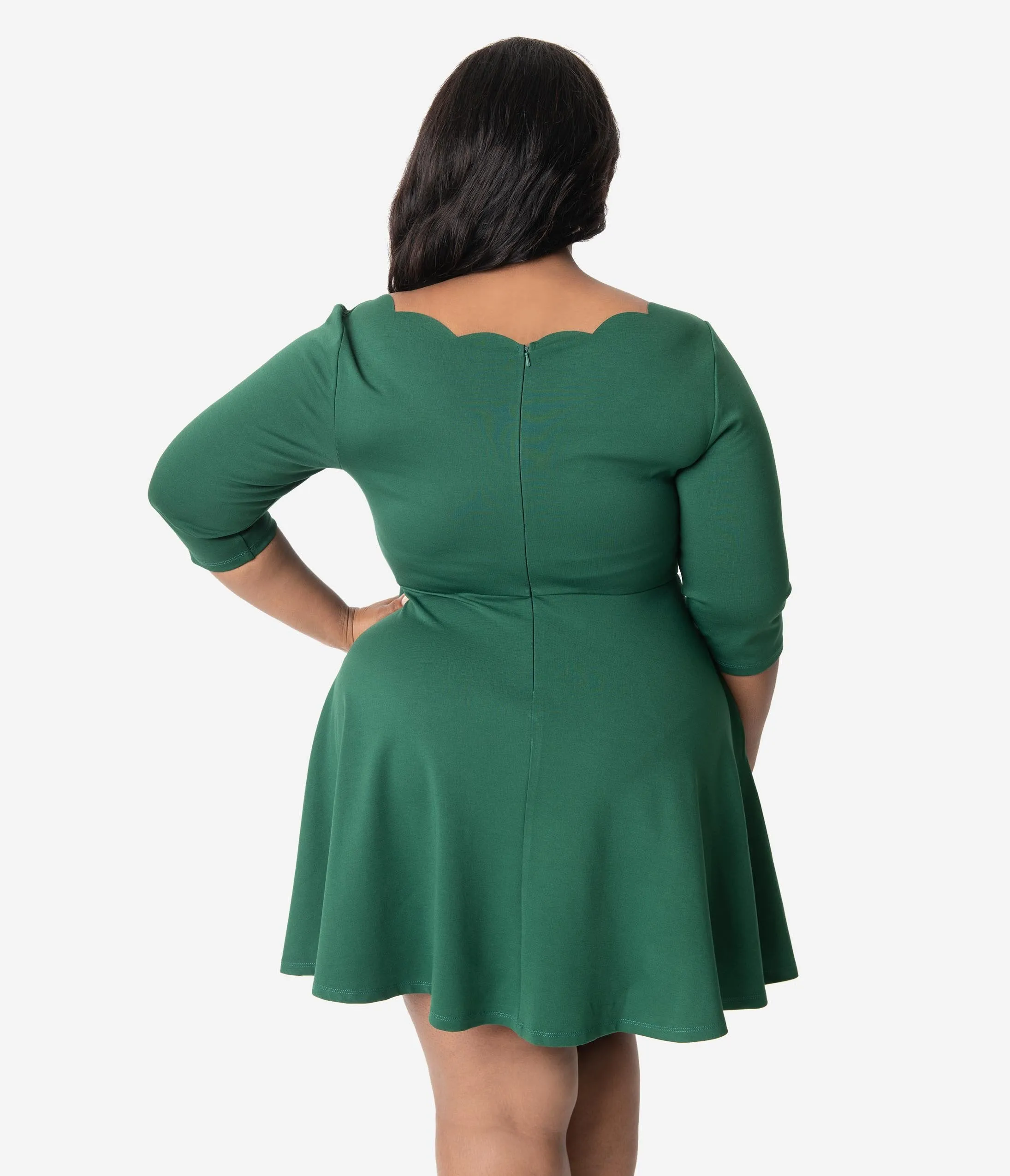 Smak Parlour Plus Size Emerald Green Scalloped Three-Quarter Sleeve Charmed Fit & Flare Dress