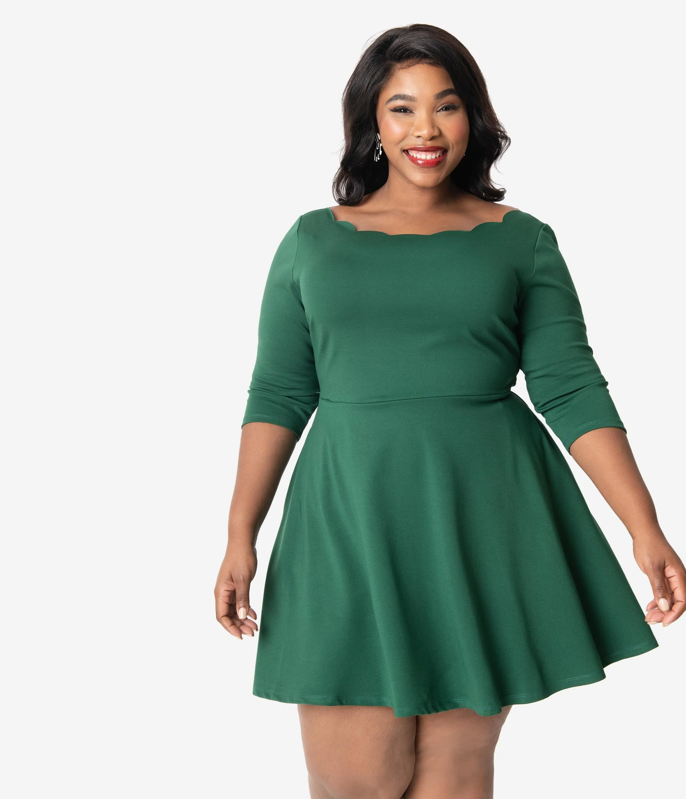 Smak Parlour Plus Size Emerald Green Scalloped Three-Quarter Sleeve Charmed Fit & Flare Dress