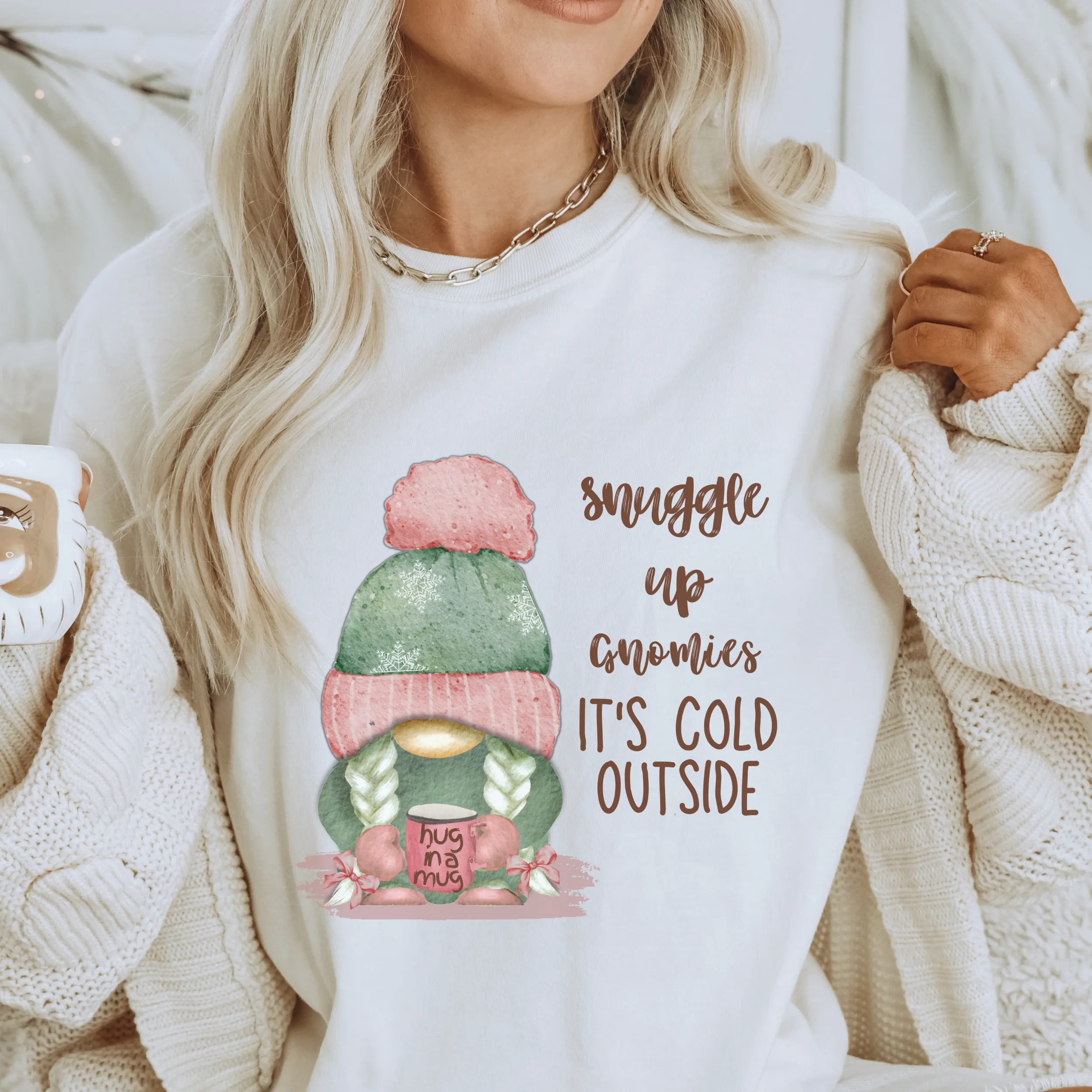 Snuggle Up Gnomies Christmas or Winter Crewneck Sweatshirt, T-Shirt or Hoodie, Winter Pastel Pink and Mint Hand Drawn Adorable Gnome Design