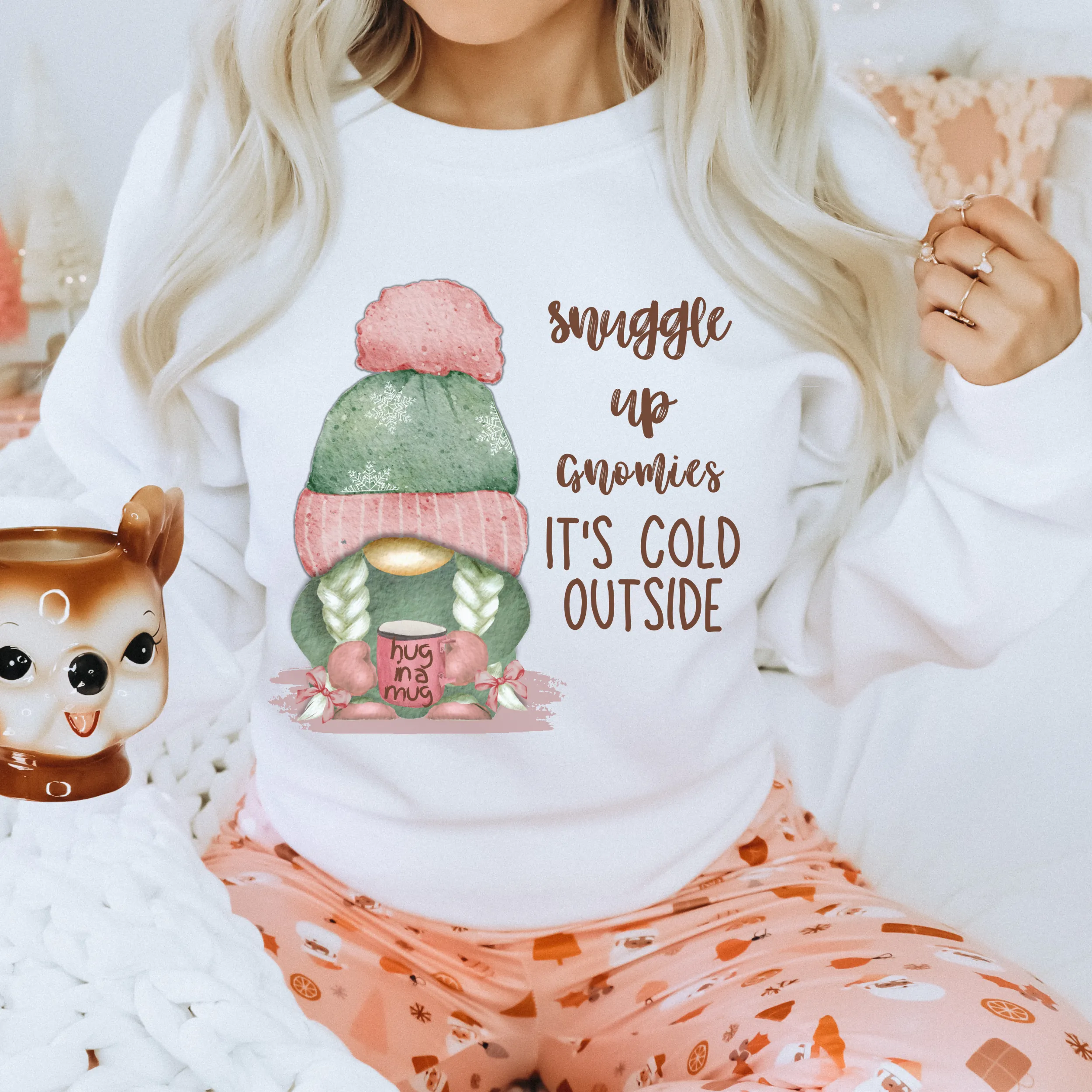 Snuggle Up Gnomies Christmas or Winter Crewneck Sweatshirt, T-Shirt or Hoodie, Winter Pastel Pink and Mint Hand Drawn Adorable Gnome Design