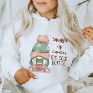 Snuggle Up Gnomies Christmas or Winter Crewneck Sweatshirt, T-Shirt or Hoodie, Winter Pastel Pink and Mint Hand Drawn Adorable Gnome Design