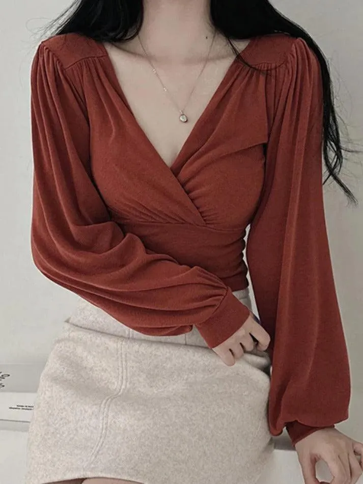 Solid Crossover Ruched Lantern Sleeve Long Sleeve Tee