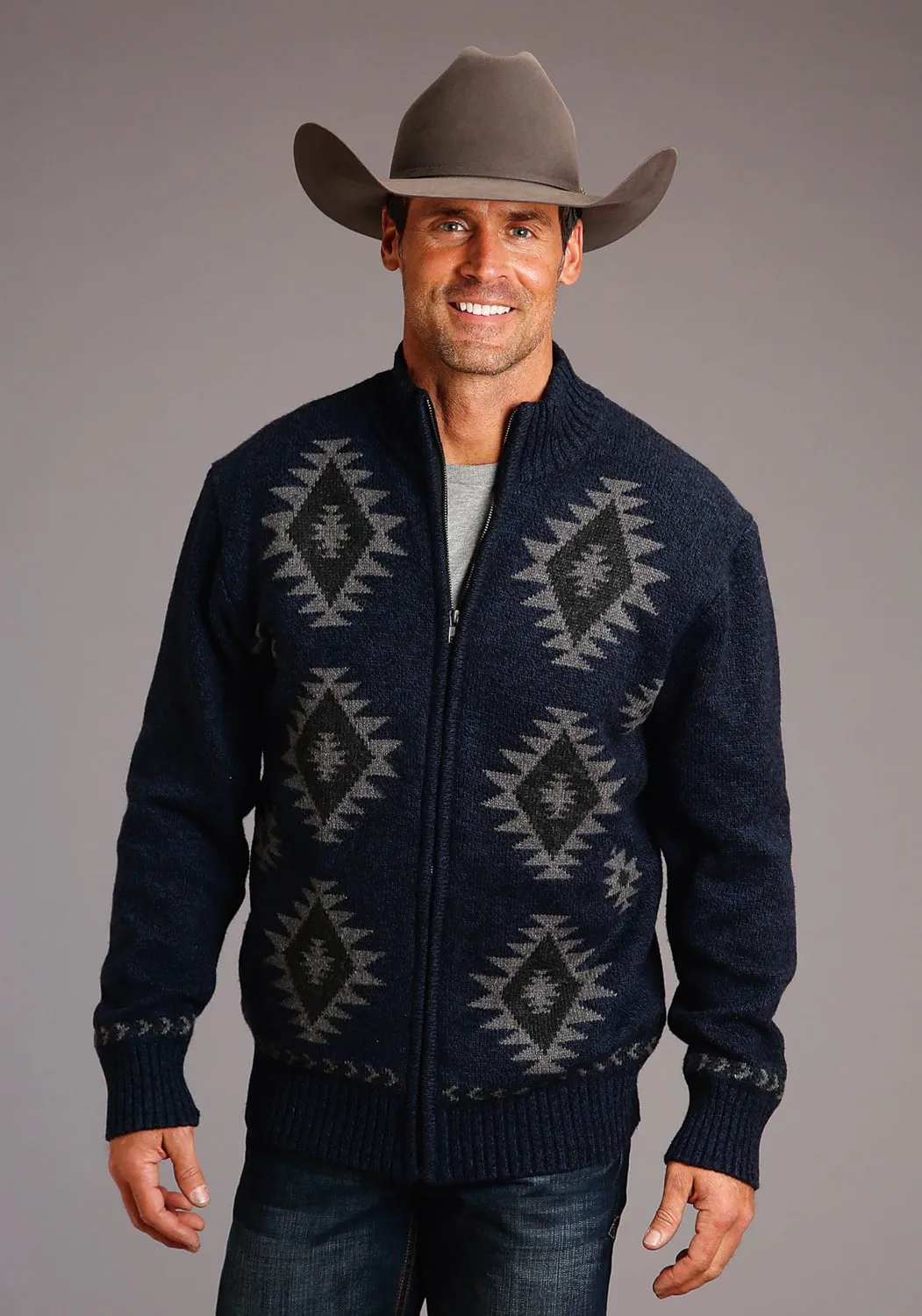 Stetson Mens Navy/Grey Cotton/Wool Aztec Pattern Cardigan