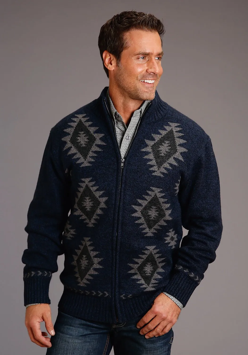 Stetson Mens Navy/Grey Cotton/Wool Aztec Pattern Cardigan