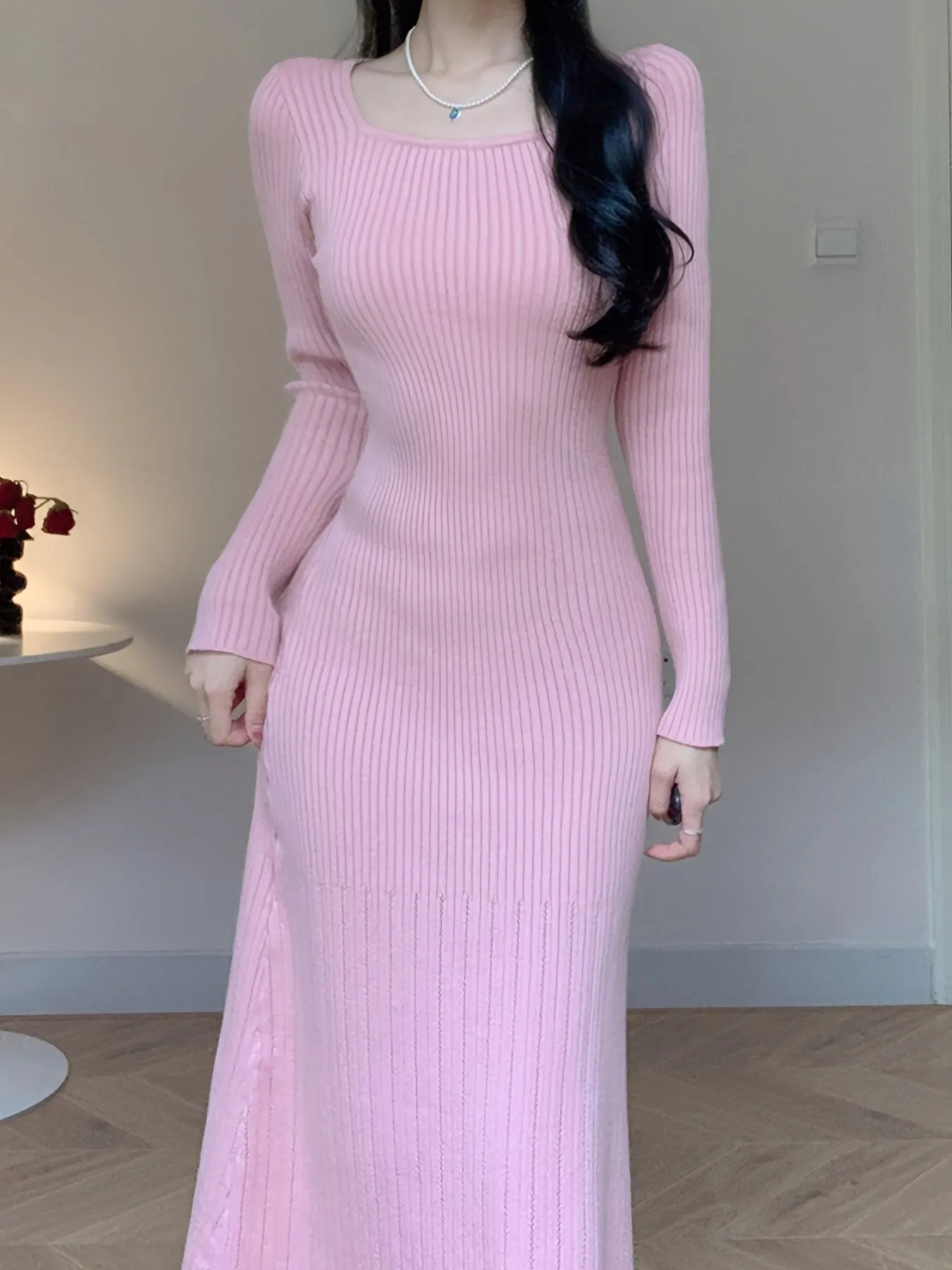 Stylish Long Sleeve Knitted Sweater Dress - Women's Elegant Square Neck Sweater Dress for Fall and Winter - Soft, Cozy, and Chic Clothing for Ladies