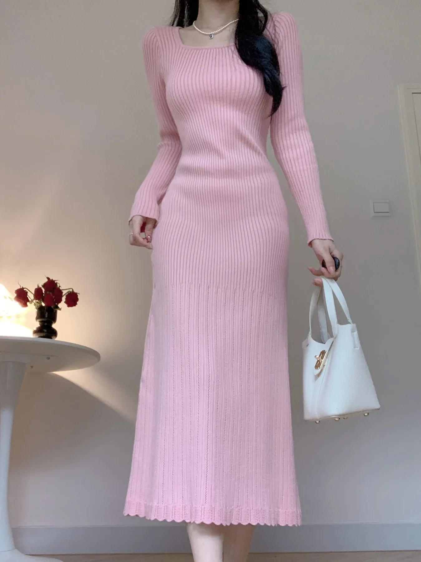 Stylish Long Sleeve Knitted Sweater Dress - Women's Elegant Square Neck Sweater Dress for Fall and Winter - Soft, Cozy, and Chic Clothing for Ladies