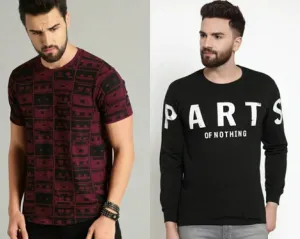 Stylish Multicoloured Cotton Printed Round Neck Tees For Men- Pack Of 2