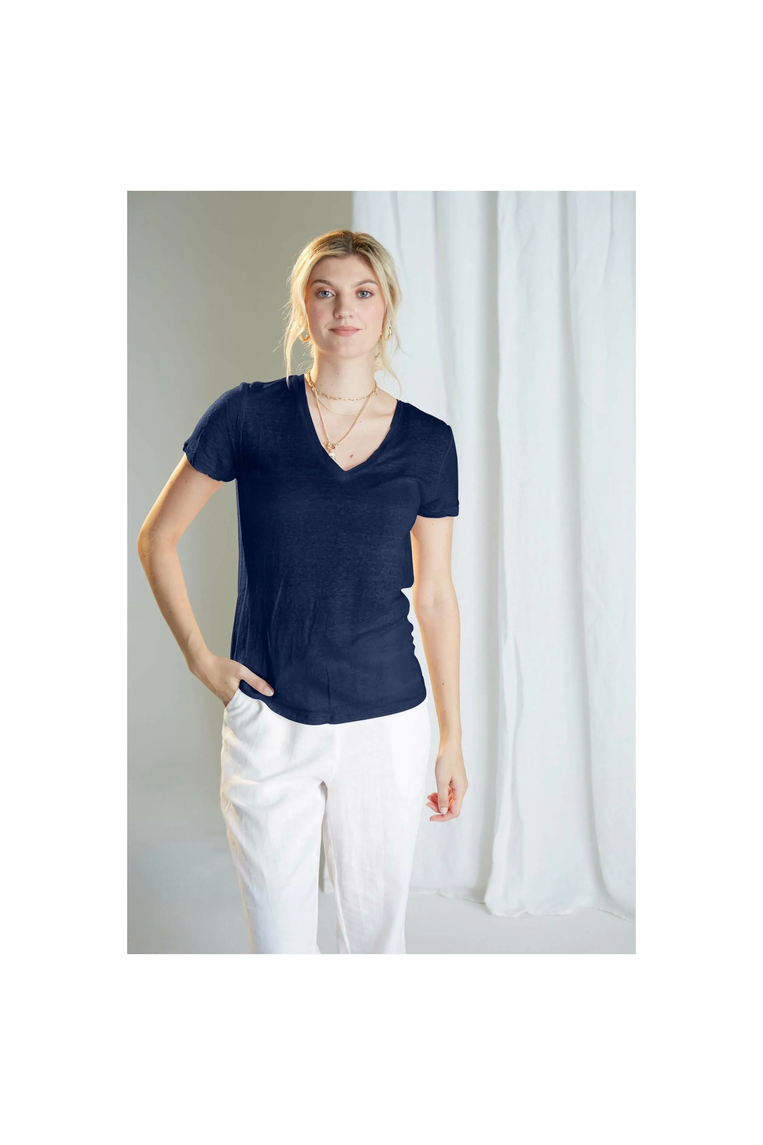 SWTR Short Sleeve Linen V-Neck Tee 922 | Denim | Clearance Final Sale