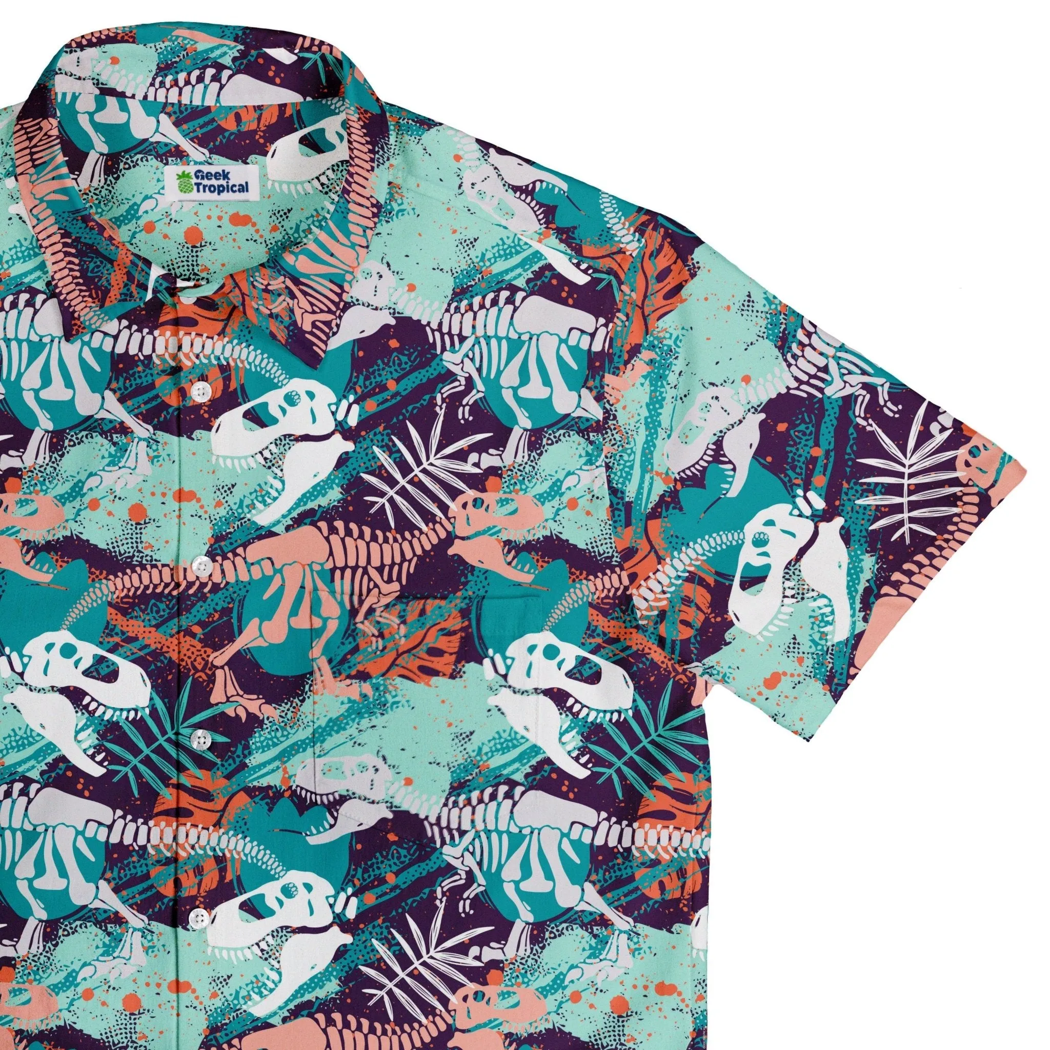 T-Rex Bones Footprints Green Dinosaur Button Up Shirt