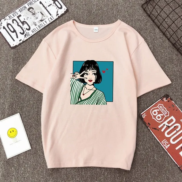 VenusFox Kawaii girl print casual short-sleeve simple T-shirt