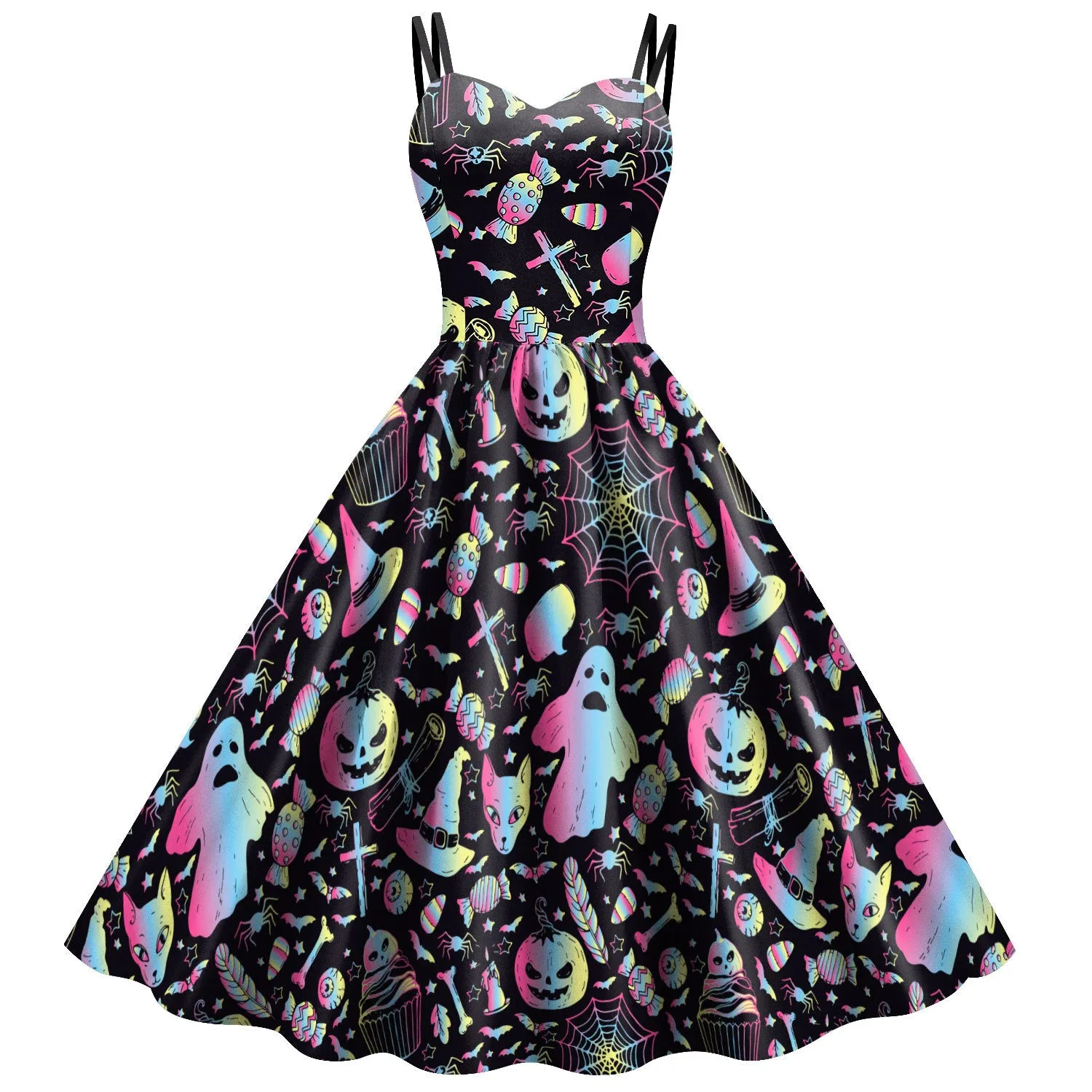 Women's Wansheng Sling Skull Spider Web Digital Printed Dress